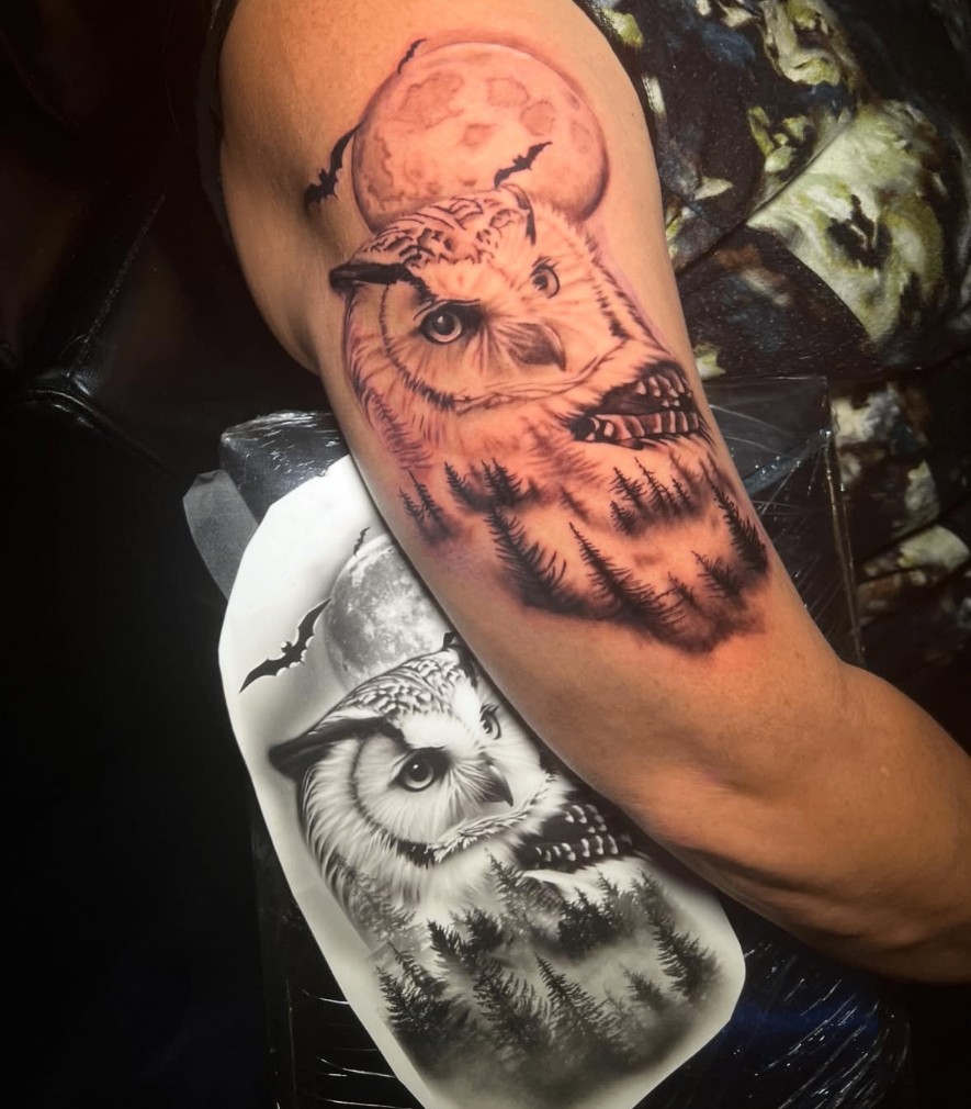Owl with full moon, bats and pine forest, upper arm