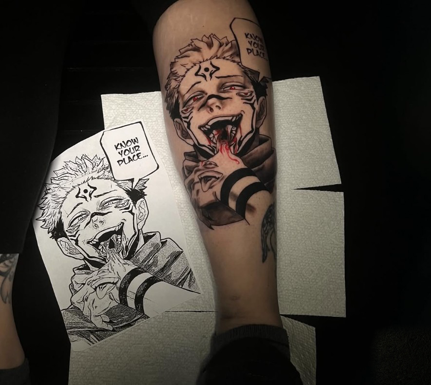 Sukuna anime tattoo with speech bubble, forearm